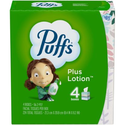 Picture of Puffs Plus Lotion 2-Ply Facial Tissues, White, 56 Sheets Per Box, Pack of 4 Boxes