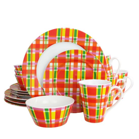 Picture of Oui by French Bull 16-Piece Porcelain Dinnerware Set, Multicolor Plaid