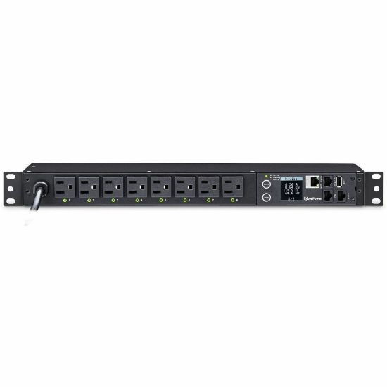 Picture of CyberPower PDU41001 Single Phase 100 - 120 VAC 15A Switched PDU - 8 Outlets, 12 ft, NEMA 5-15P, Horizontal, 1U, SNMP, LCD, 3YR Warranty