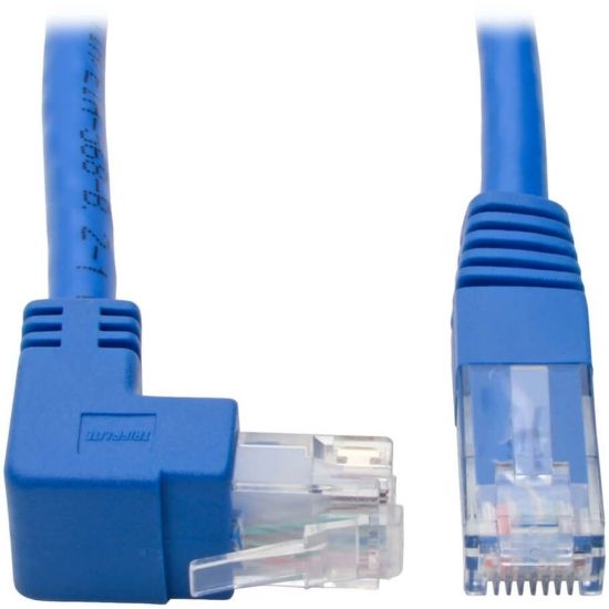 Picture of Tripp Lite Up-Angle Cat6 UTP Patch Cable (RJ45) - 1 ft., M/M, Gigabit, Molded, Blue - First End: 1 x RJ-45 Male Network - Second End: 1 x RJ-45 Male Network - 1 Gbit/s - Patch Cable - 24 AWG - Blue