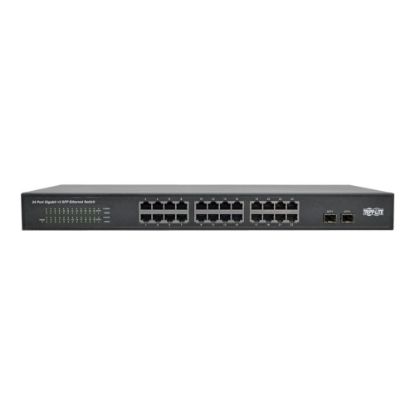 Picture of Tripp Lite 24-Port Gigabit Ethernet Switch Rackmount Unmanaged Metal 1U - 24 Ports - 2 x Expansion Slots - 1000Base-T, 1000Base-X - Modular - 24 x Network, 2 x Expansion Slot - Twisted Pair, Optical Fiber - Gigabit Ethernet - Shared SFP Slot