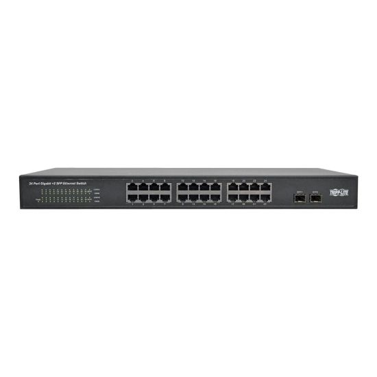 Picture of Tripp Lite 24-Port Gigabit Ethernet Switch Rackmount Unmanaged Metal 1U - 24 Ports - 2 x Expansion Slots - 1000Base-T, 1000Base-X - Modular - 24 x Network, 2 x Expansion Slot - Twisted Pair, Optical Fiber - Gigabit Ethernet - Shared SFP Slot