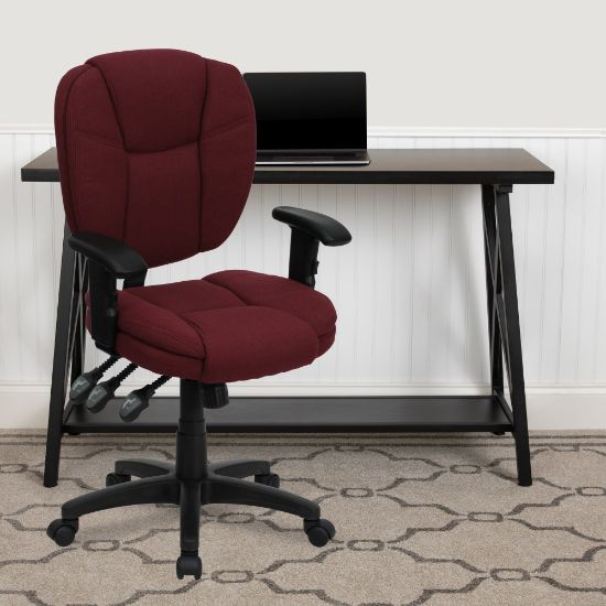 Picture of Flash Furniture Fabric Mid-Back Multifunction Ergonomic Swivel Task Chair With Adjustable Arms, Burgundy/Black