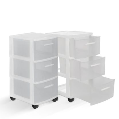 Picture of Inval MQ 3-Drawer Rolling Storage Cabinets, 25-1/2inH x 12-1/2inW x 14-1/2inD, White/Clear, Set Of 2 Cabinets