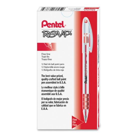 Picture of Pentel R.S.V.P. Ballpoint Pens, Fine Point, 0.7 mm, Clear Barrel, Red Ink, Pack Of 12