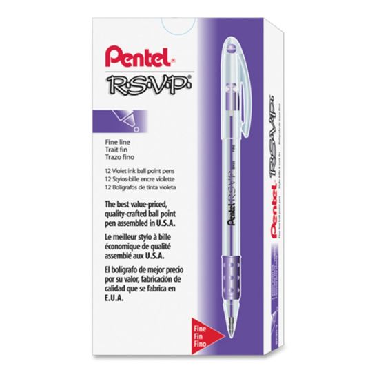 Picture of Pentel R.S.V.P. Ballpoint Stick Pens, Fine Point, 0.7 mm, Clear Barrel, Violet Ink, Pack Of 12 Pens