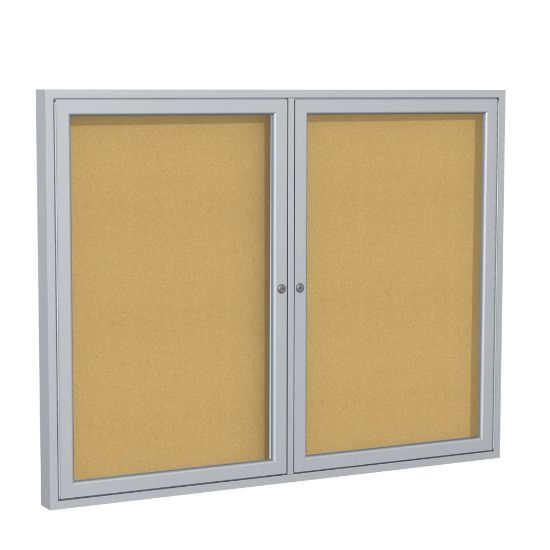 Picture of Ghent 2 Door Enclosed Natural Cork Bulletin Board, Satin Aluminum Frame, 48inH x 60inW