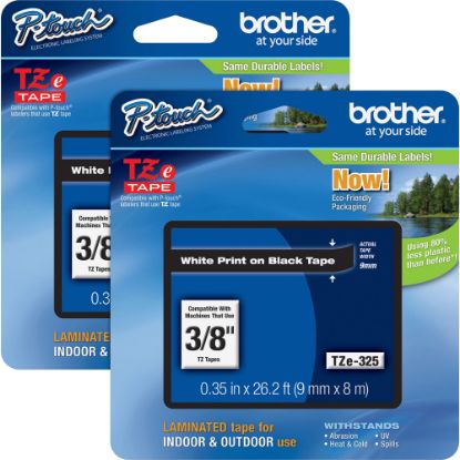 Picture of Brother P-touch TZe Laminated Tape Cartridges, 3/8inW, Rectangle, White, 2 Per Bundle