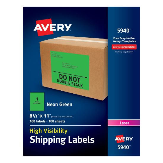 Picture of Avery High-Visibility Permanent Shipping Labels, 5940, 8 1/2in x 11in, Neon Green, Pack Of 100