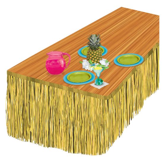 Picture of Amscan Summer Luau Natural Grass Table Skirt, 9ft x 28in, Natural Brown Grass