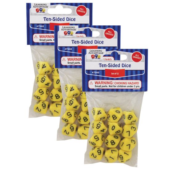 Picture of Learning Advantage 10-Sided Polyhedra Dice, Yellow, 12 Dice Per Pack, Set Of 3 Packs