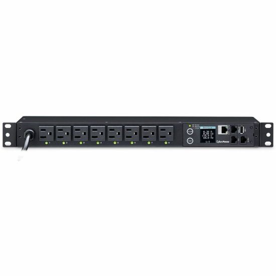 Picture of CyberPower PDU81001 100 - 120 VAC 15A Switched Metered-by-Outlet PDU - 8 Outlets, 12 ft, NEMA 5-15P, Horizontal, 1U, LCD, 3YR Warranty