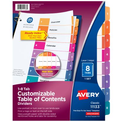 Picture of Avery Ready Index 1-8 Tab Binder Dividers With Customizable Table Of Contents, 8-1/2in x 11in, 8 Tab, White/Multicolor, 1 Set