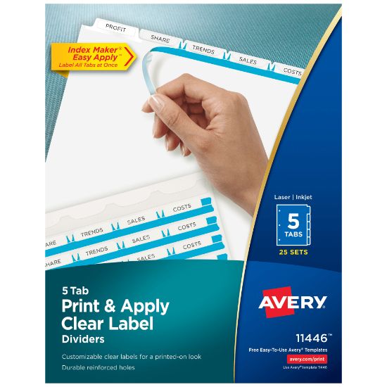 Picture of Avery Print & Apply Clear Label Dividers With Index Maker Easy Apply Printable Label Strip And White Tabs, 5-Tab, Box Of 25 Sets