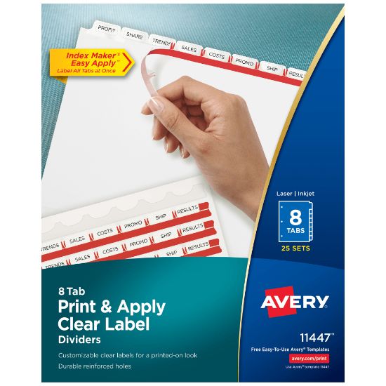 Picture of Avery Customizable Index Maker Dividers For 3 Ring Binder, Easy Print & Apply Clear Label Strip, 8 Tab, White, Box Of 25 Sets