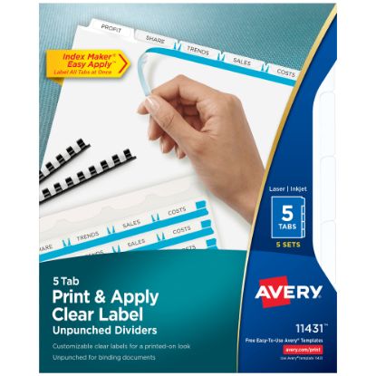 Picture of Avery Customizable Index Maker Unpunched Dividers For Use With Any Binding System, Easy Print & Apply Clear Label Strip, 5 Tab, White, Pack Of 5 Sets