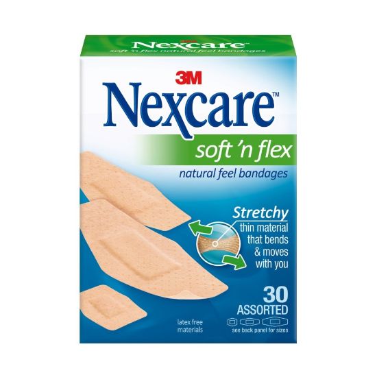 Picture of Nexcare Soft N Flex Fabric Bandages, Assorted Sizes, Tan, Box Of 30