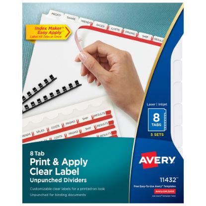 Picture of Avery Print & Apply Clear Label Dividers With Index Maker Easy Apply Printable Label Strip And White Tabs, 8-Tab, Box Of 5 Sets