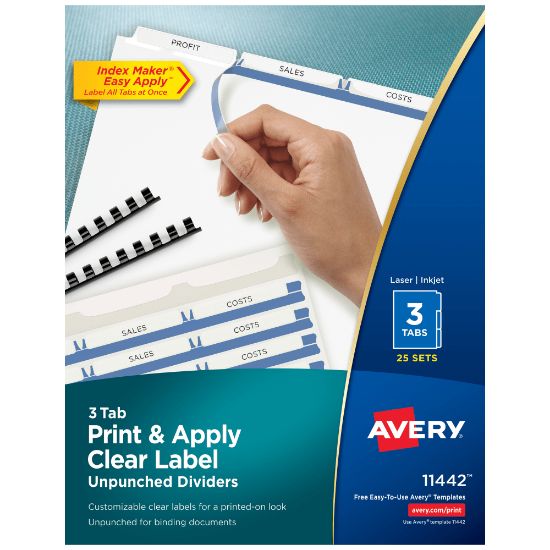 Picture of Avery Print & Apply Clear Label Dividers With Index Maker Easy Apply Printable Label Strip And White Tabs, Unpunched, 3-Tab, Box Of 25 Sets