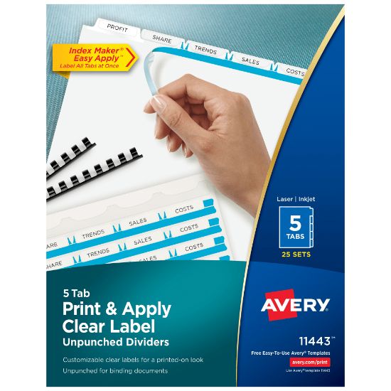 Picture of Avery Unpunched Customizable Dividers For Use With Any Binding System With Index Maker Easy Print & Apply Clear Label Strip, 5 Tab, White, Pack Of 25 Sets