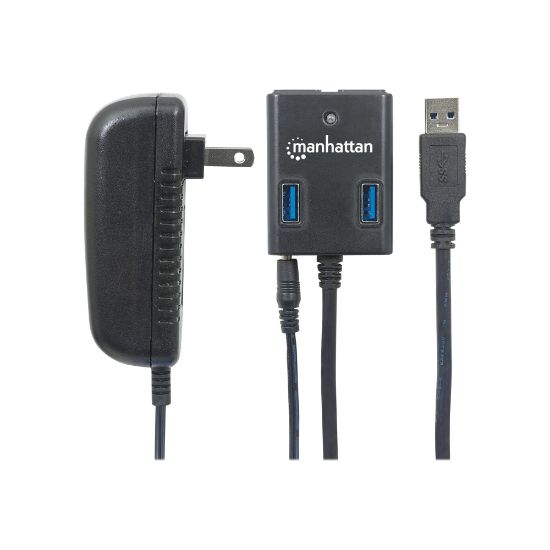 Picture of Manhattan USB-A 4-Port Hub, 4x USB-A Ports, 5 Gbps (USB 3.2 Gen1 aka USB 3.0), AC or Bus Power, Fast charge up to 0.9A per port with inc power adapter, SuperSpeed USB, Black, Three Year Warranty, Blister - Hub - 4 x SuperSpeed USB 3.0 - desktop