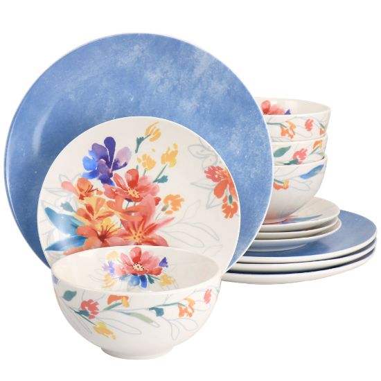 Picture of Spice by Tia Mowry Goji Blossom 12-Piece Fine Ceramic Dinnerware Set, Blue