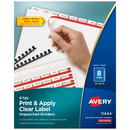 Picture of Avery Unpunched Customizable Dividers For Use With Any Binding System With Index Maker Easy Print & Apply Clear Label Strip, 8 Tab, White, Pack Of 25 Sets