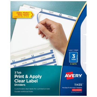 Picture of Avery Customizable Index Maker Dividers For 3 Ring Binder, Easy Print & Apply Clear Label Strip, 3 Tab, White, Pack Of 5 Sets