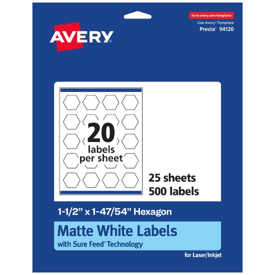 Picture of Avery Permanent Labels With Sure Feed, 94120-WMP25, Hexagon, 1-1/2in x 1-47/54in, White, Pack Of 500