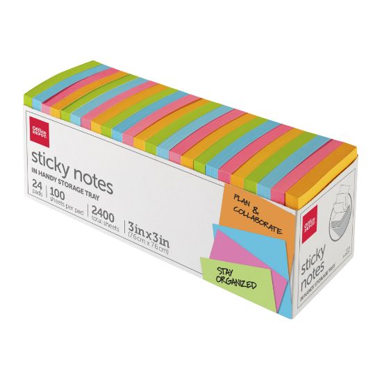 Picture of Office Depot Brand Sticky Notes, With Storage Tray, 3in x 3in, Assorted Vivid Colors, 100 Sheets Per Pad, Pack Of 24 Pads