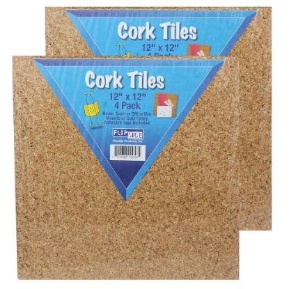 Picture of Flipside Cork Tiles, 12inH x 12inW x 1/8inD, Natural, 4 Tiles Per Pack, Set Of 2 Packs