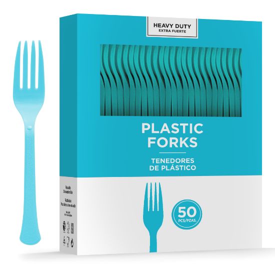 Picture of Amscan 8017 Solid Heavyweight Plastic Forks, Caribbean Blue, 50 Forks Per Pack, Case Of 3 Packs