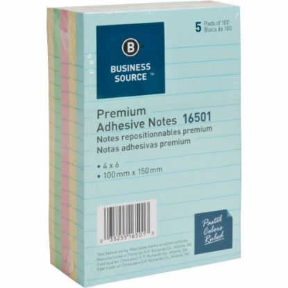 Picture of Business Source Ruled Adhesive Notes - 4in x 6in - Square - Ruled - Pastel - Self-adhesive, Solvent-free Adhesive - 5 / Pack