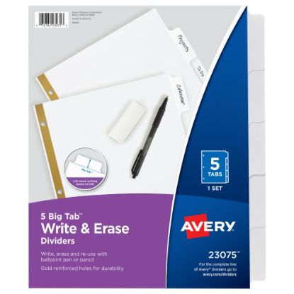 Picture of Avery Big Tab Write-On Tab Dividers With Erasable Laminated Tabs, 5-Tab, White