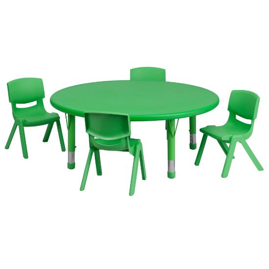 Picture of Flash Furniture Round Plastic Height-Adjustable Activity Table Set With 4 Chairs, 23-3/4inH x 45inW x 45inD, Green