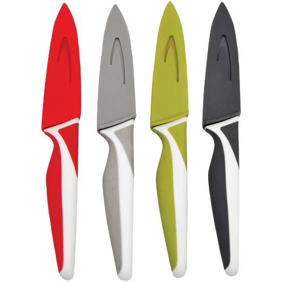 Picture of Starfrit Paring Knives - Set of 4 - 4/Set - Paring Knife - 4 x Paring Knife - Cutting, Paring - Green, Red, Light Gray, Dark Gray