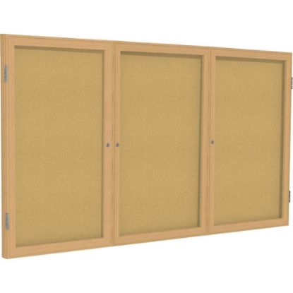 Picture of Ghent 3 Door Enclosed Natural Cork Bulletin Board, Oak Wood Frame, 48inH x 96inW