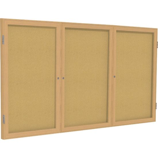 Picture of Ghent 3 Door Enclosed Natural Cork Bulletin Board, Oak Wood Frame, 48inH x 96inW