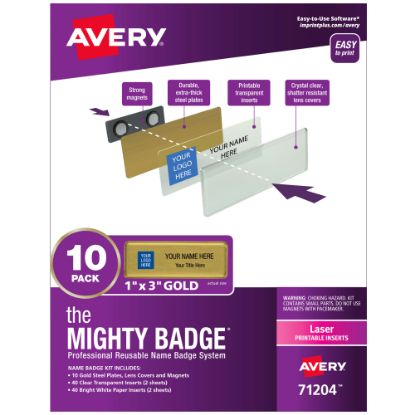 Picture of Avery The Mighty Badge Magnetic Badges For Laser Printers, 1in x 3in, Gold, Pack Of 10 Badges