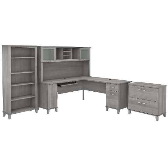 Picture of Bush Furniture Somerset 72inW L-Shaped Desk With Hutch, Lateral File Cabinet And Bookcase, Platinum Gray, Standard Delivery