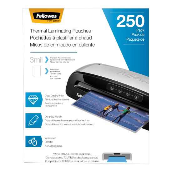 Picture of Fellowes Thermal Laminating Pouches, Letter Size, 3 Mil, 9in x 11-1/2in, Ultra-Clear, Pack of 250 Pouches