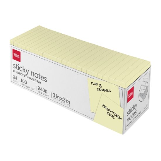 Picture of Office Depot Brand Sticky Notes, With Storage Tray, 3in x 3in, Yellow, 100 Sheets Per Pad, Pack Of 24 Pads