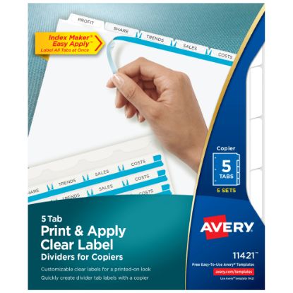 Picture of Avery Customizable Index Maker Dividers For 3 Ring Binder, Easy Print & Apply Clear Label Strip, 5 Tab, White, Pack Of 5 Sets