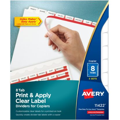 Picture of Avery Print & Apply Clear Label Dividers With Index Maker Easy Apply Printable Label Strip for Copiers, 8-1/2in x 11in, 8-Tab, White, Pack of 5 Sets