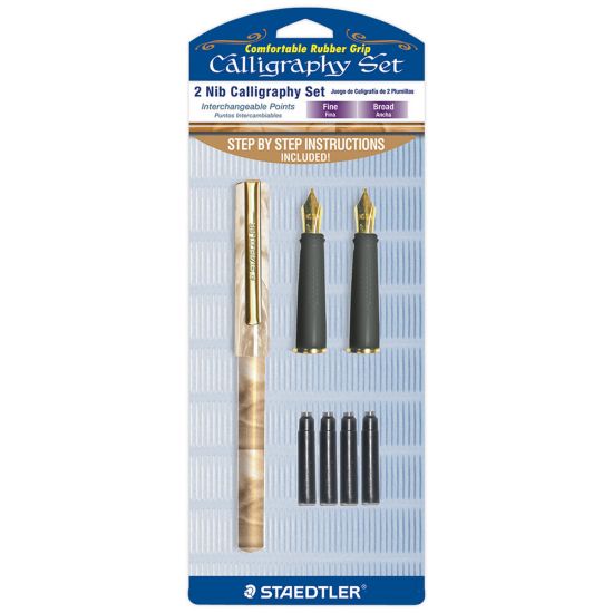 Picture of Staedtler 2-Nib Calligraphy Set, Assorted Points, Beige Marble Barrel, Black Ink