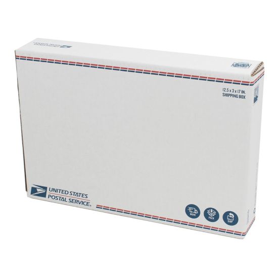 Picture of United States Post Office Fold-Over Flap Shipping Boxes, 12-1/4in x 3in x 17-5/8in, White/Blue/Red, Pack Of 20 Boxes