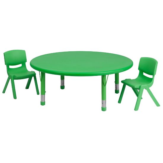 Picture of Flash Furniture Round Plastic Height-Adjustable Activity Table Set With 2 Chairs, 23-3/4inH x 45inW x 45inD, Green