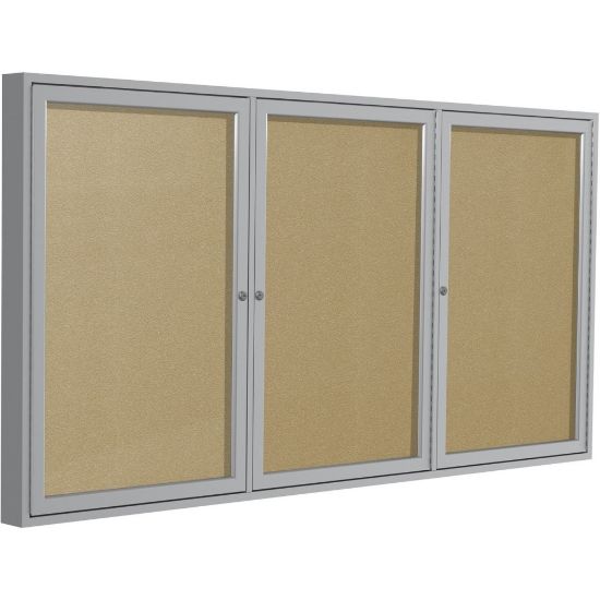 Picture of Ghent Traditional 3-Door Outdoor Enclosed Vinyl Bulletin Board, 48in x 96in, Caramel, Satin Aluminum Frame