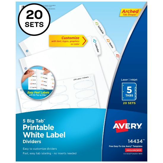 Picture of Avery Big Tab Printable Label Dividers With Easy Peel, 8-1/2in x 11in, 5 Tab, White, Pack Of 20 Sets