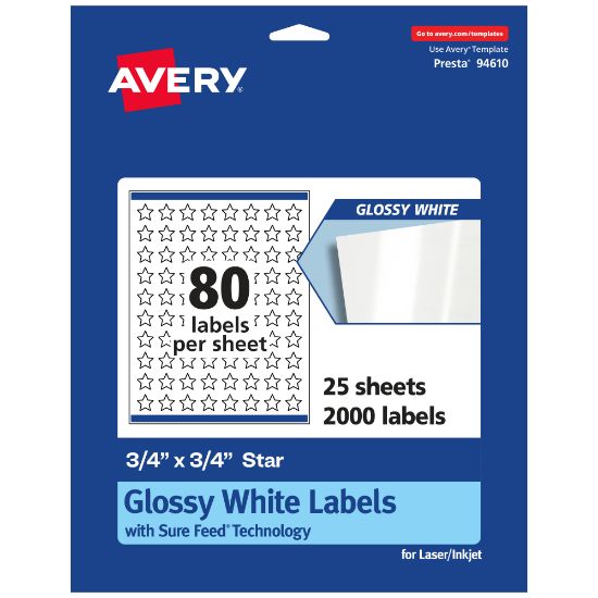 Picture of Avery Glossy Permanent Labels With Sure Feed, 94610-WGP25, Star, 3/4in x 3/4in, White, Pack Of 2,000